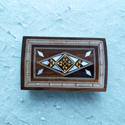 Handcrafted Damascene Jewelry Box – Luxury Wood Design with Mother of Pearl Inlay