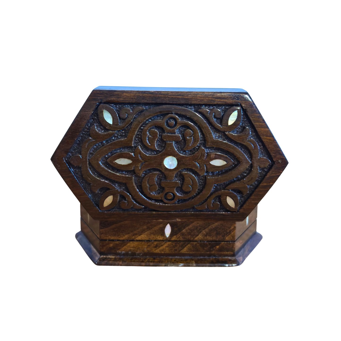 Scatola in Faggio Intagliata a Mano – Madreperla e Velluto, Design Orientale Senza Tempo