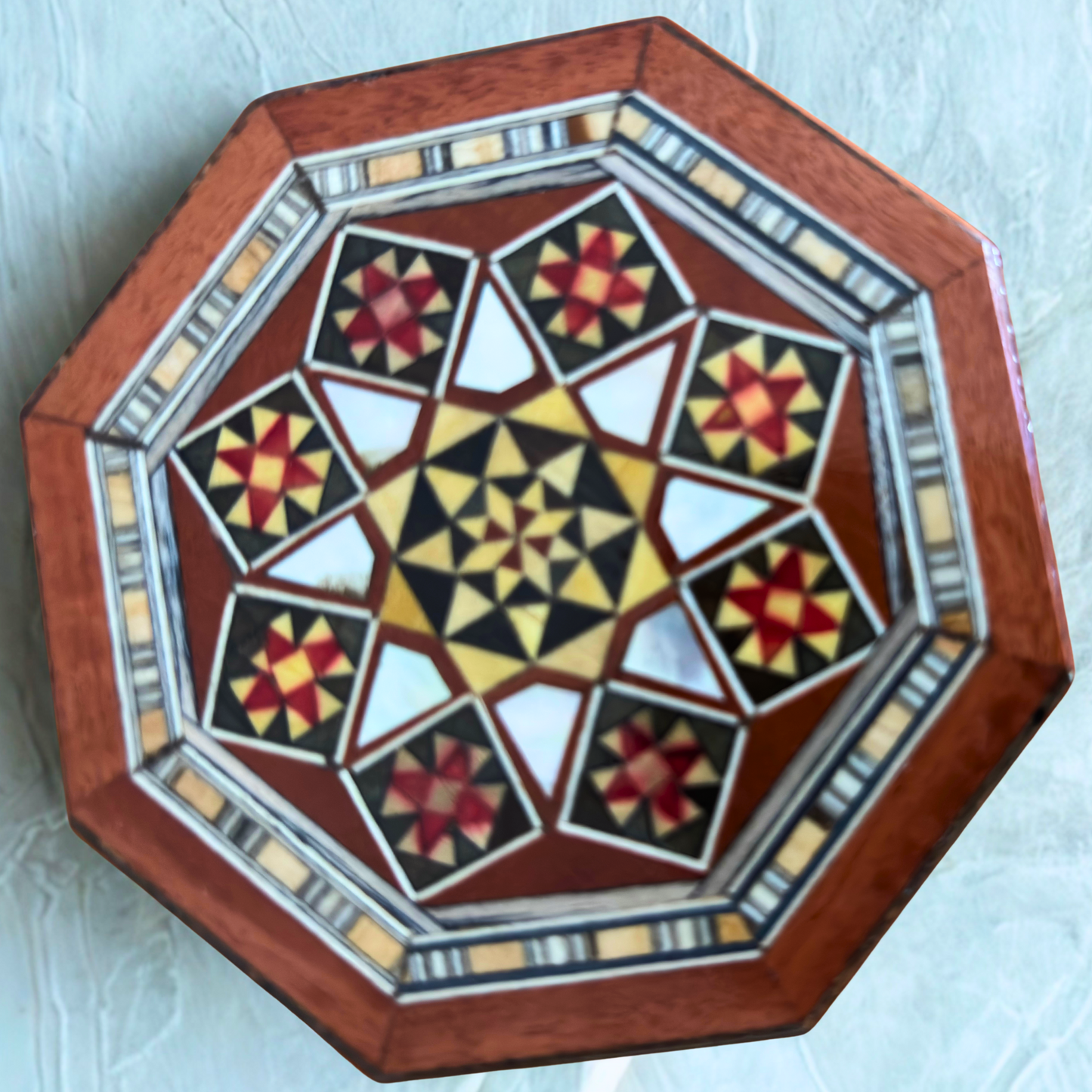 Damascene Mosaic Jewelry Box – Handcrafted Wood & Mother of Pearl Inlay in Warm Rustic Terracotta