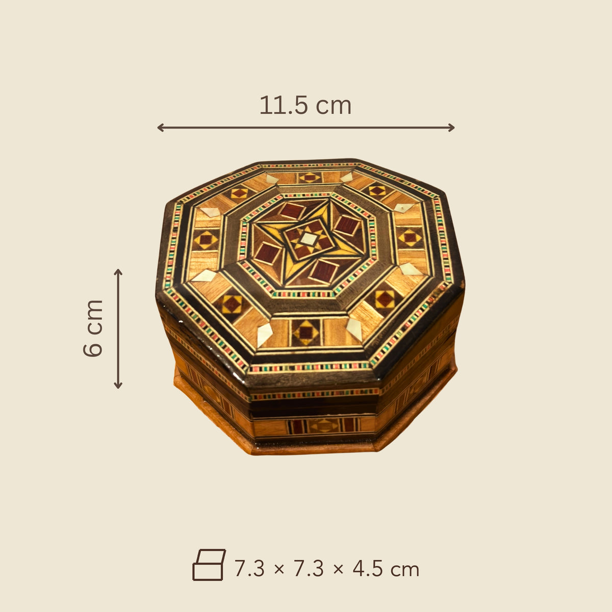 Dimensions of the Olive Mosaic Box: 11.5 x 11.5 x 6 cm outside, 7.3 x 7.3 x 4.5 cm inside