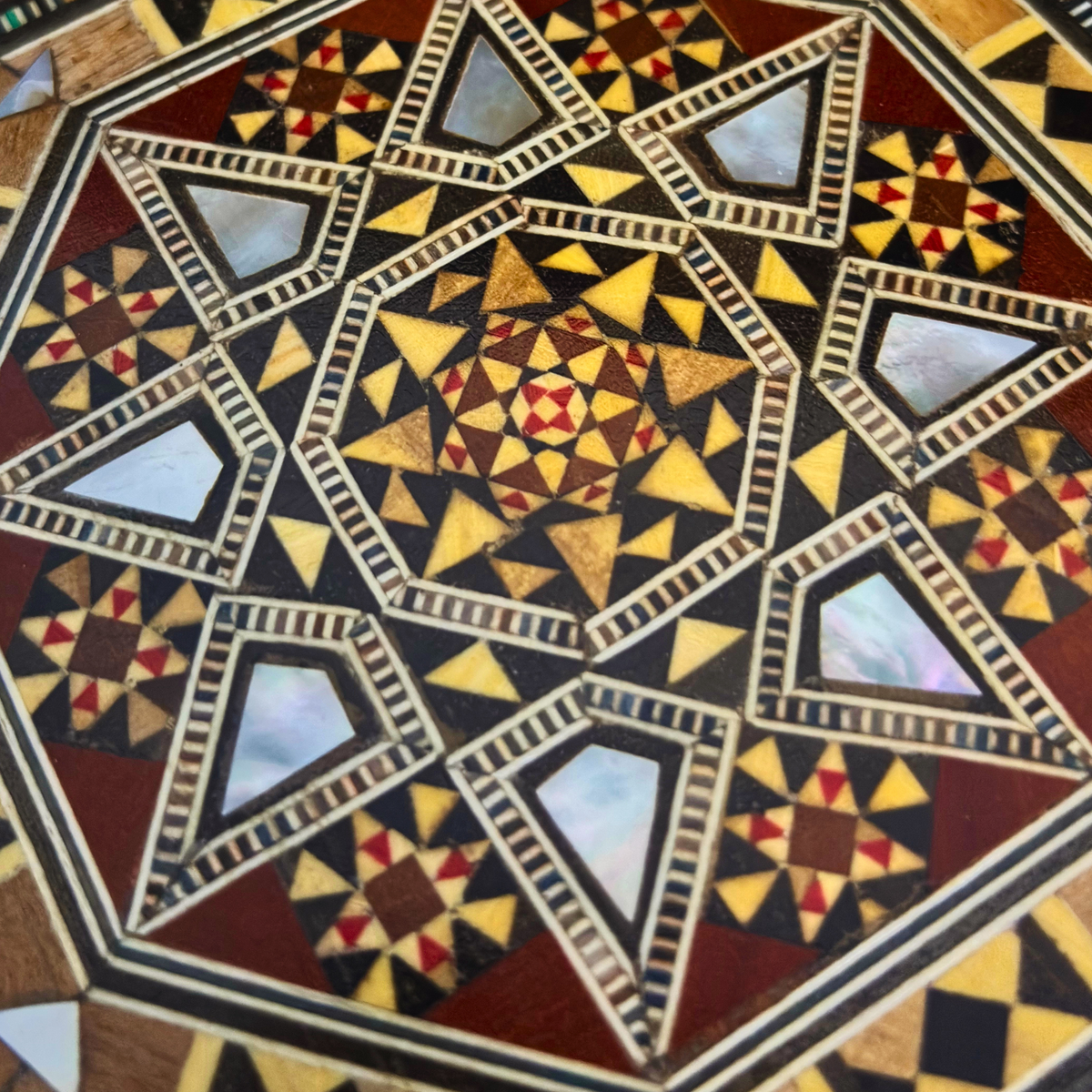 Close-up of the mosaic pattern and mother-of-pearl inlay on the Star Mosaic Box
