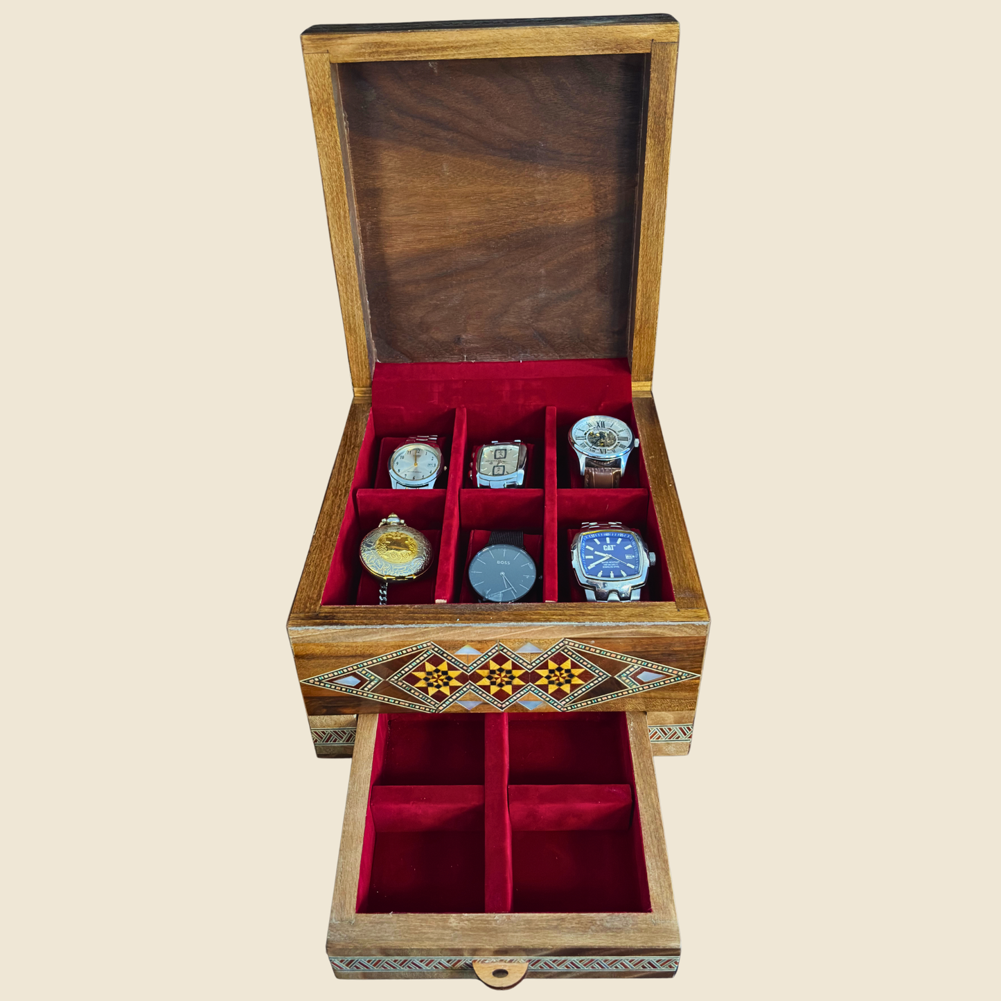 Coffret à Montres en Mosaïque Damascène pour 6 Montres – Nacre & Velours