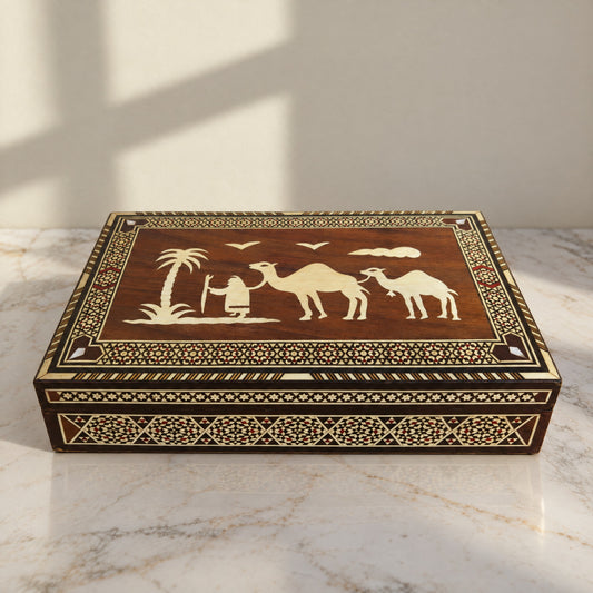 Caravan Mosaic Box on a white marble table in warm window light