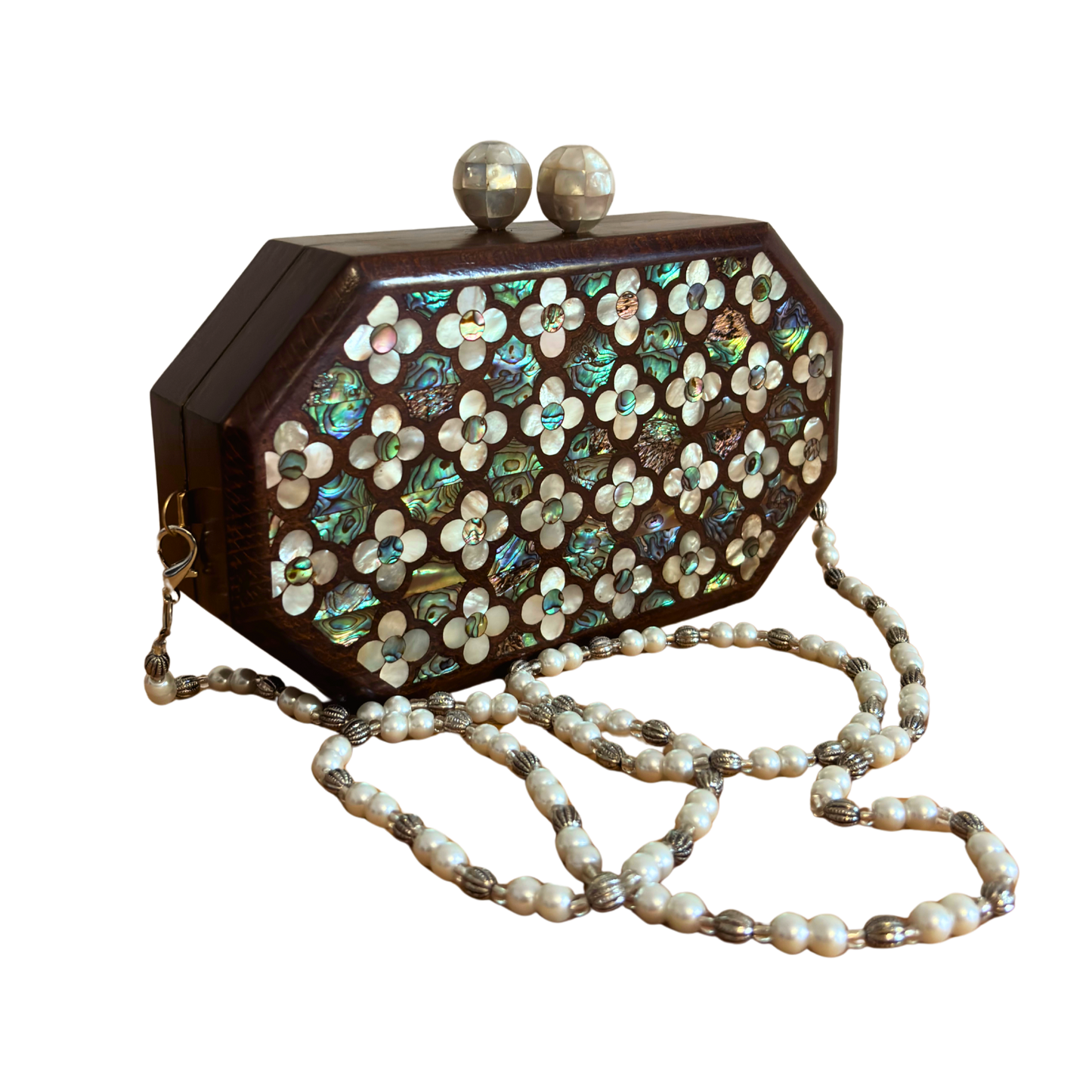 Jouri – Clutch Damascena di Lusso con Madreperla Floreale & Catena di Perle