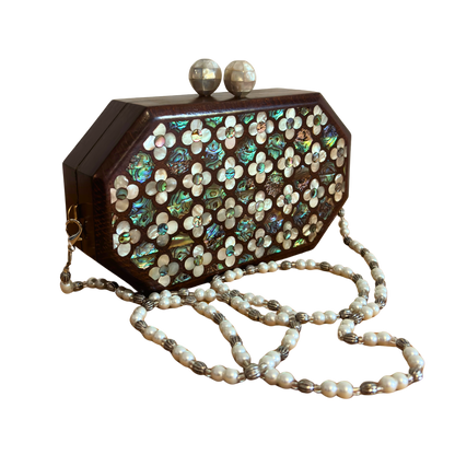 Jouri – Clutch Damascena di Lusso con Madreperla Floreale & Catena di Perle