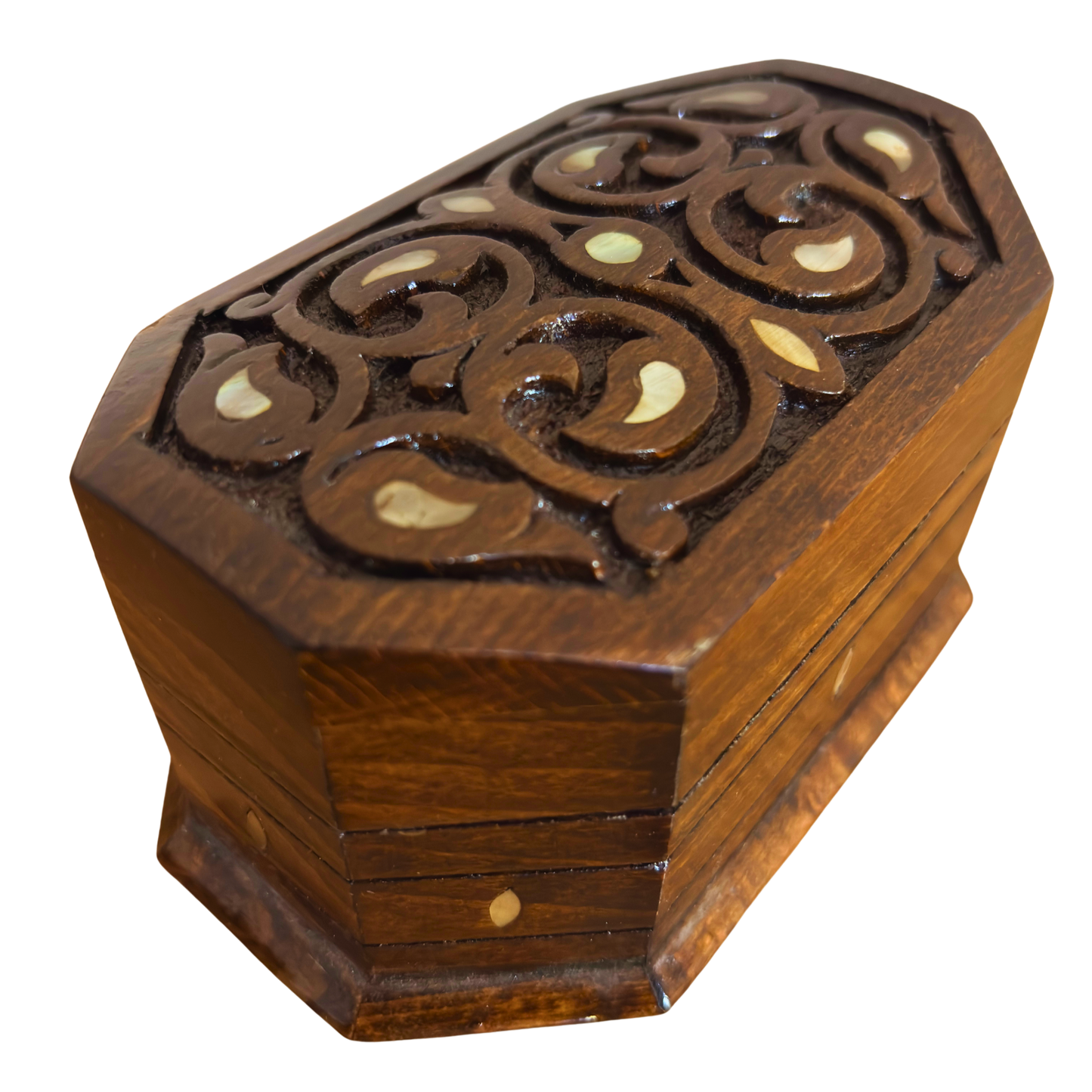 Hand-Carved Beechwood Box with Mother of Pearl Inlay – Walnut Finish Elegance
