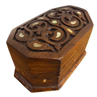 Hand-Carved Beechwood Box with Mother of Pearl Inlay – Walnut Finish Elegance