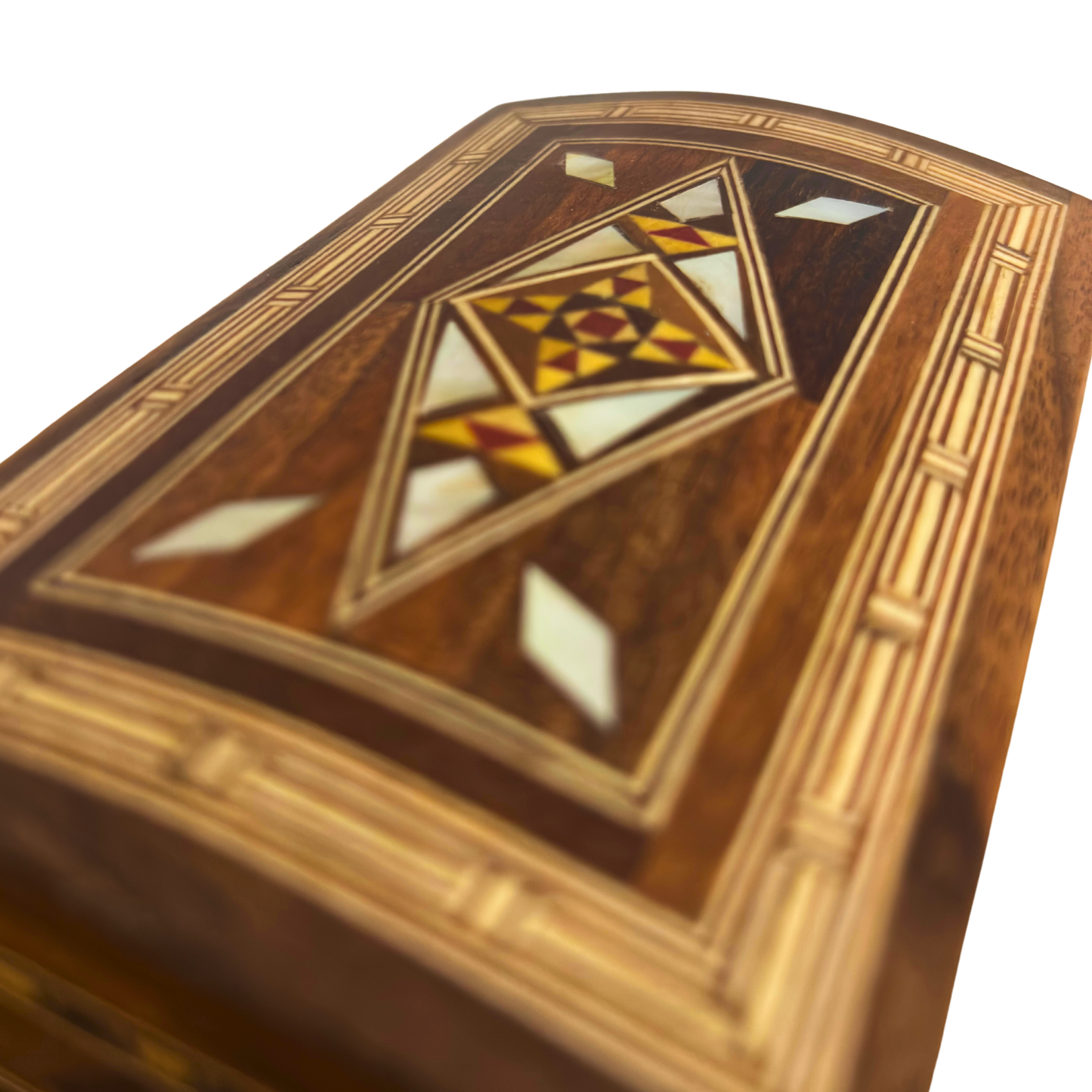 Handcrafted Damascene Jewelry Box – Luxury Wood Design with Mother of Pearl Inlay