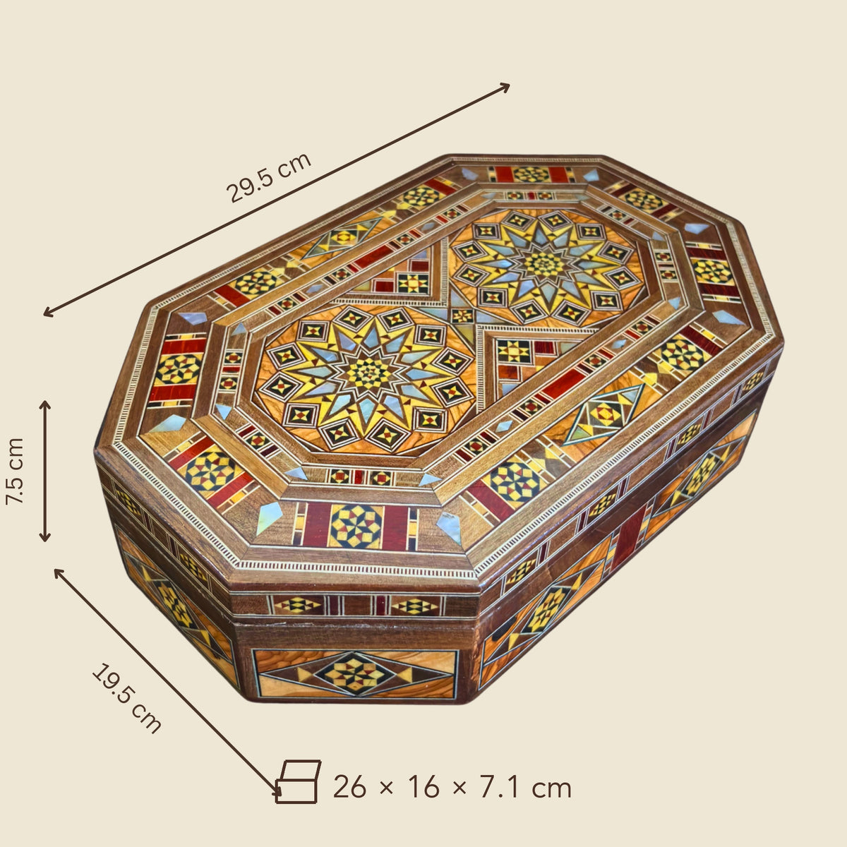 Dimensions of the Artisan Mosaic Box: 29.5 x 19.5 x 7.5 cm outside, 26 x 16 x 7.1 cm inside