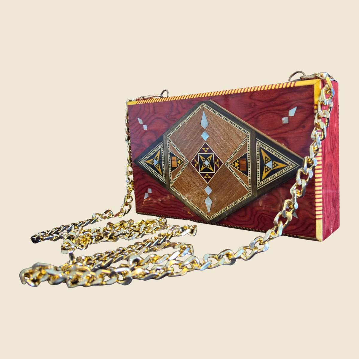 Noor Damascene Clutch, closed, front view