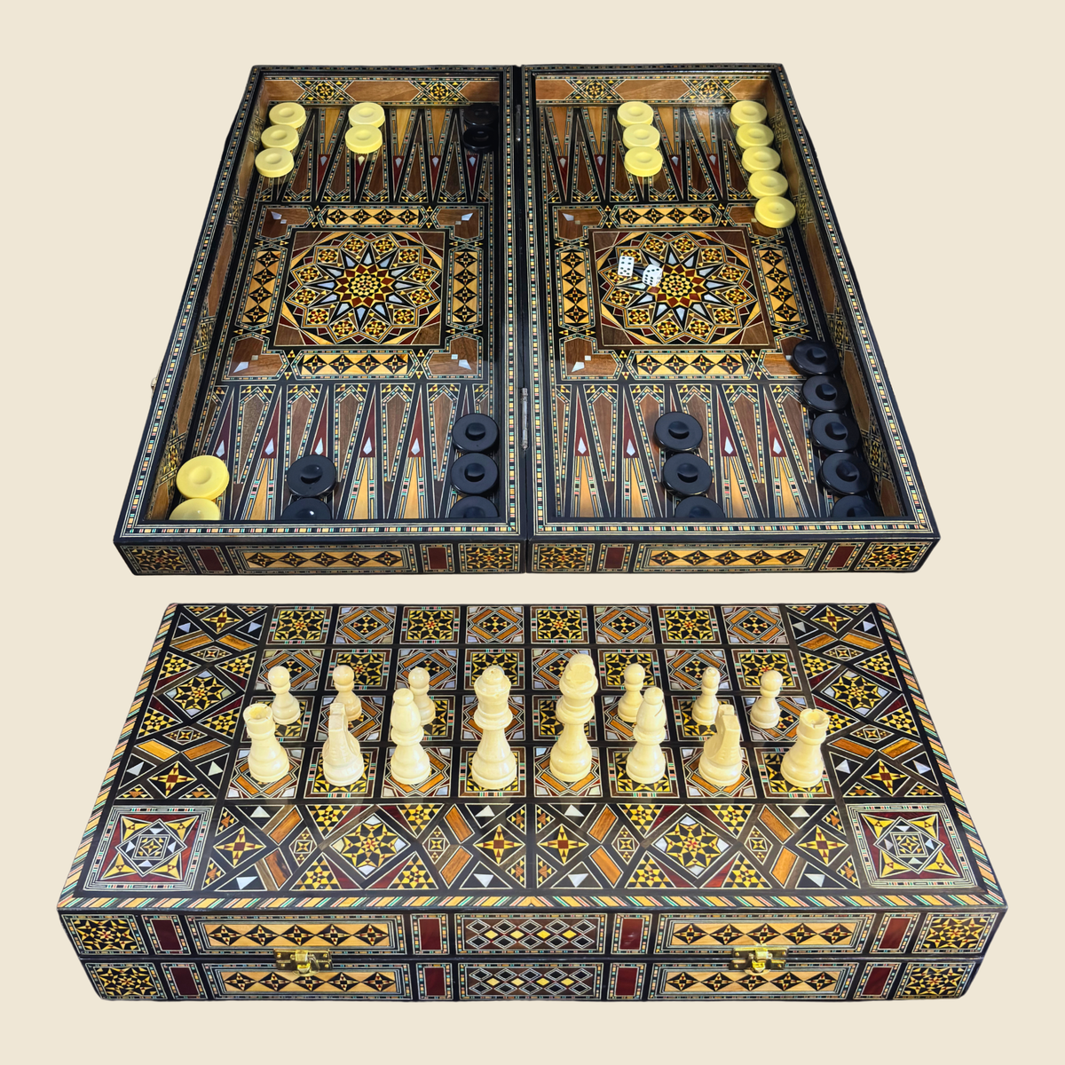 Royal Chess & Backgammon Set, closed, with a mosaic board cover