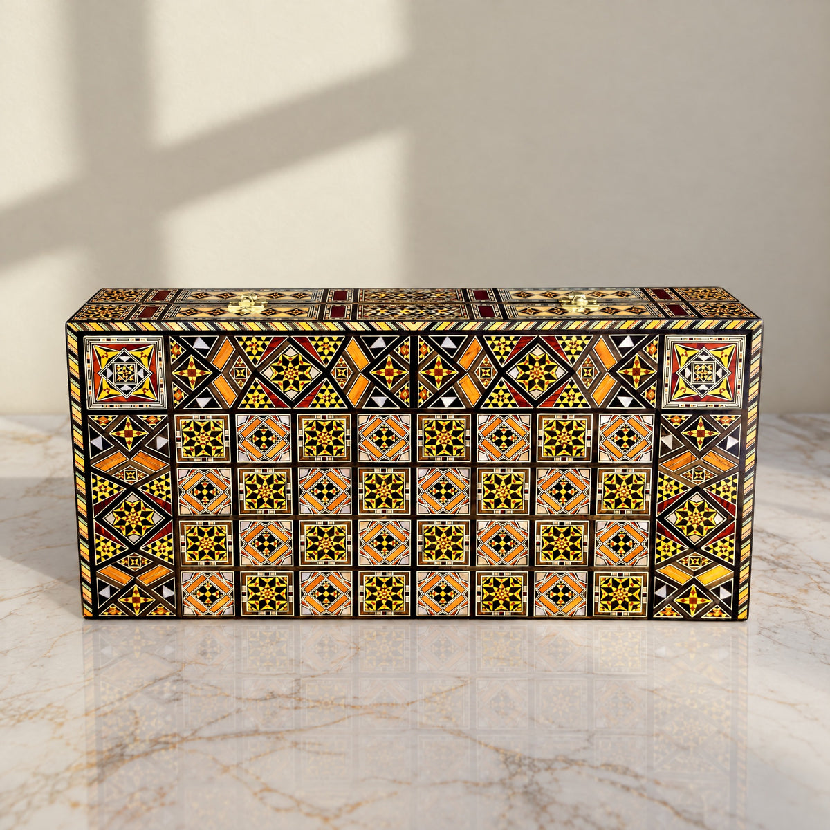 Royal Chess & Backgammon Set, closed, on marble