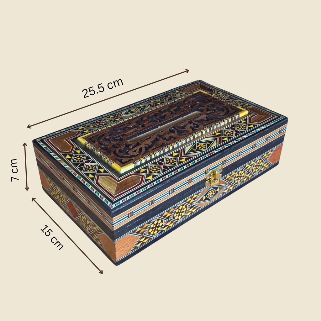 Etched Mosaic Tissue Box dimensions: 25.5 x 15 x 7 cm