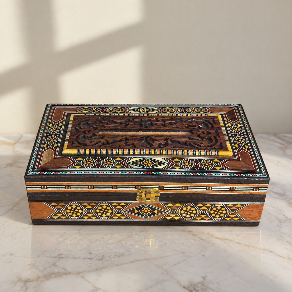 Etched Mosaic Tissue Box, closed, on marble