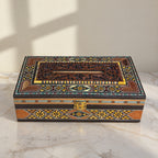 Etched Mosaic Tissue Box, closed, on marble