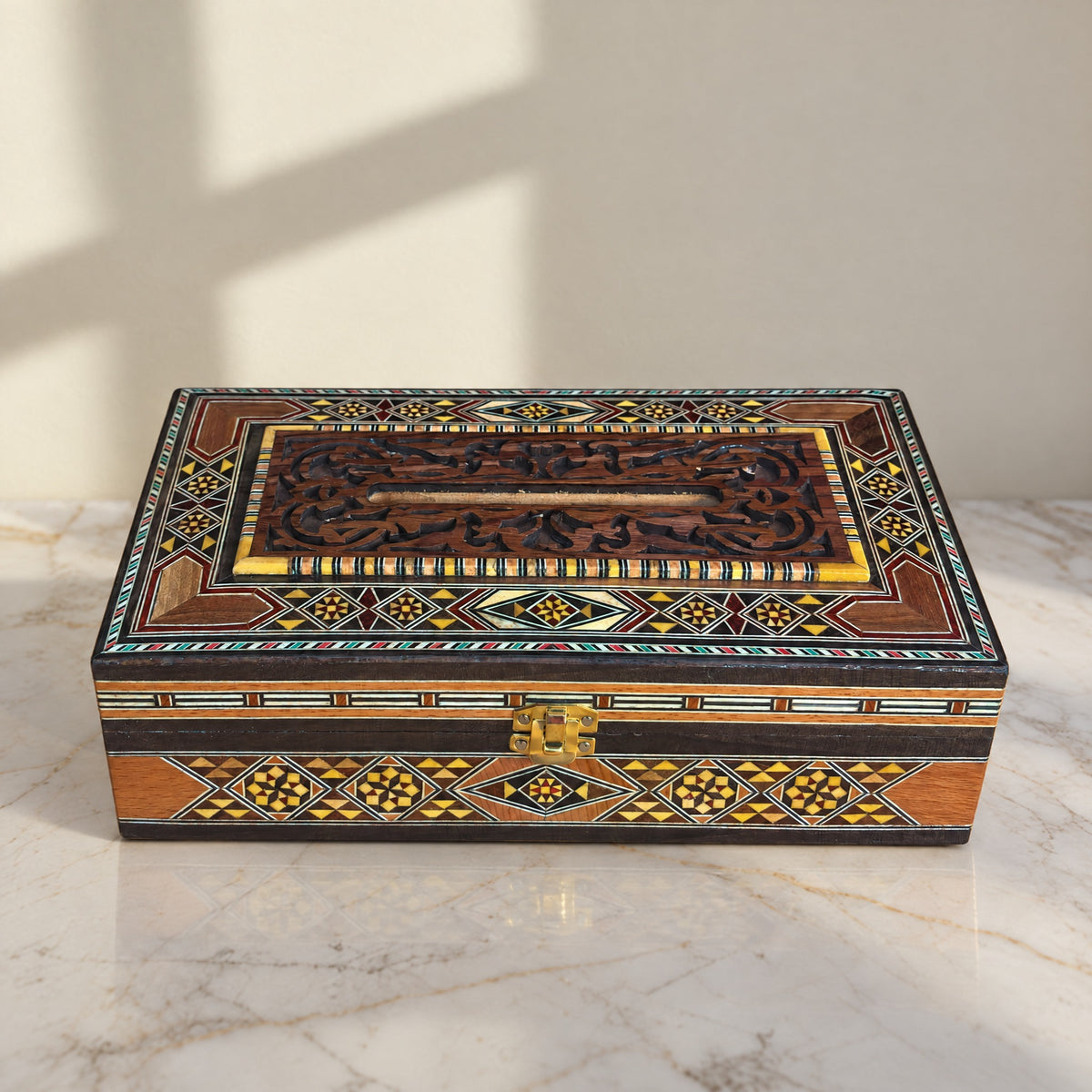 Etched Mosaic Tissue Box, closed, on marble