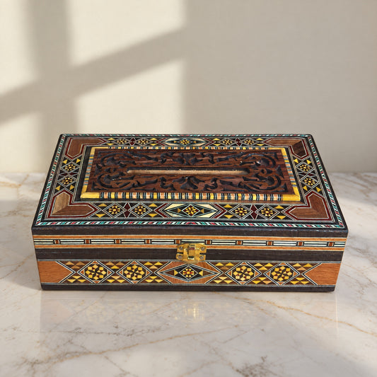Etched Mosaic Tissue Box on a white marble table in warm window light
