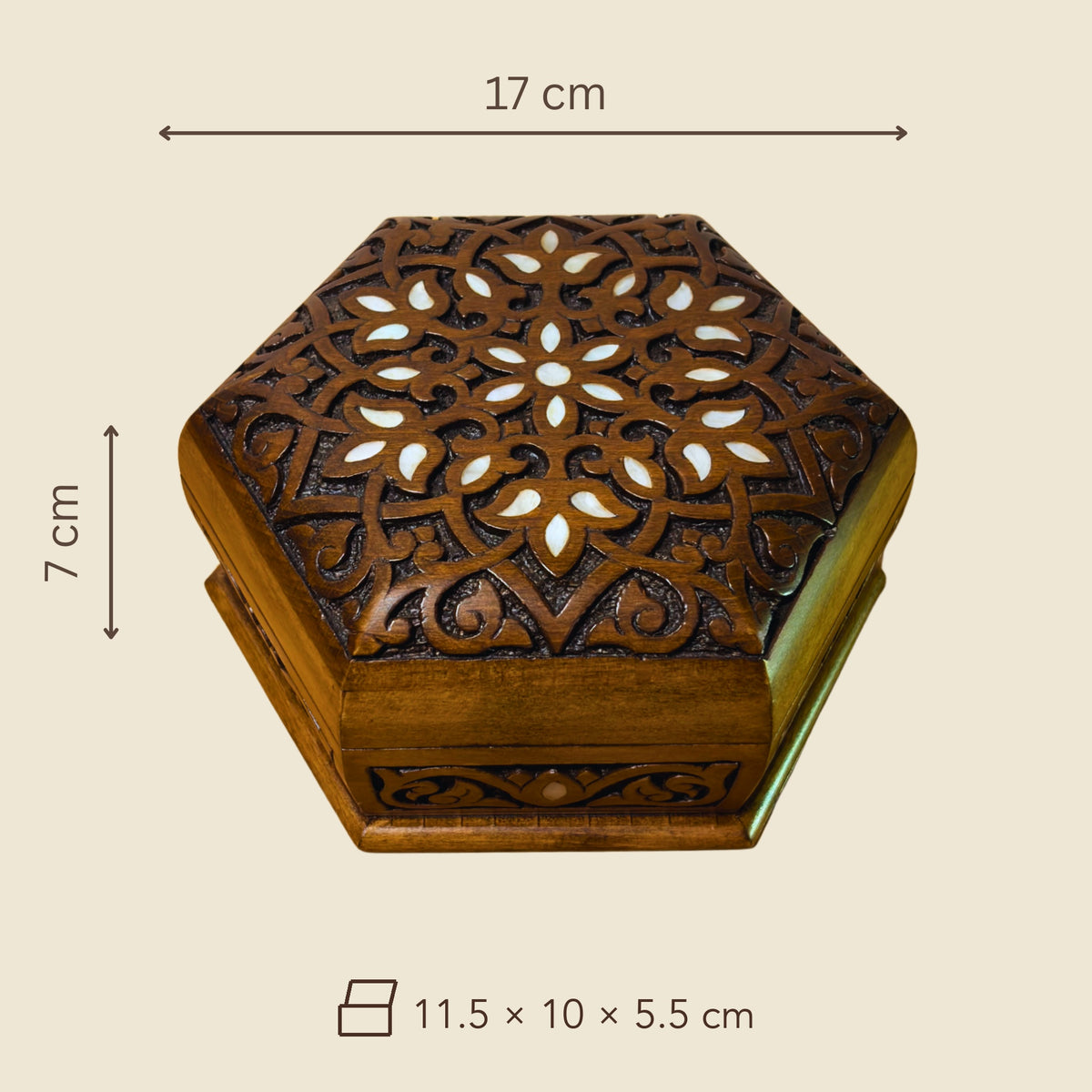 Dimensions of the Distinguished Carved Box: 17 x 17 x 7 cm outside, 11.5 x 10 x 5.5 cm inside