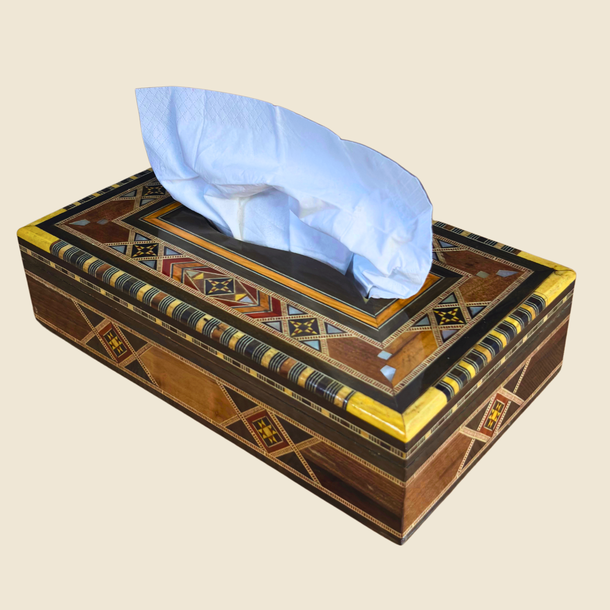 Noir Mosaic Tissue Box in black finish with mother-of-pearl inlay, shown from the front