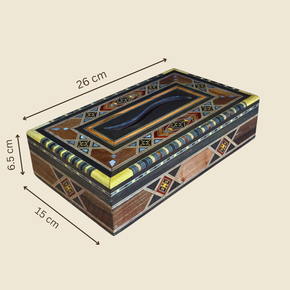 Dimensions diagram of the Noir Mosaic Tissue Box, 26 x 15 x 6.5 cm