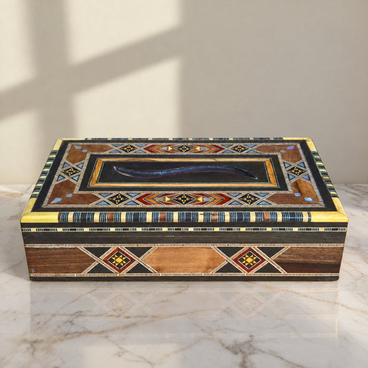 Noir Mosaic Tissue Box on a white marble table in warm window light