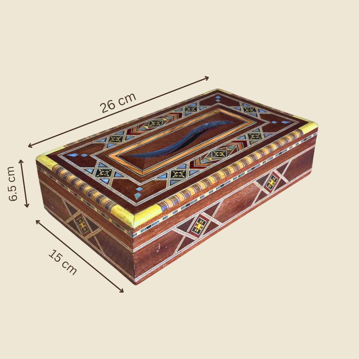 Dimensions diagram of the Terra Mosaic Tissue Box, 26 x 15 x 6.5 cm