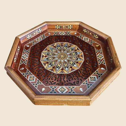 Luminous Mosaic Tray with mother-of-pearl inlaid wood mosaic, shown from above