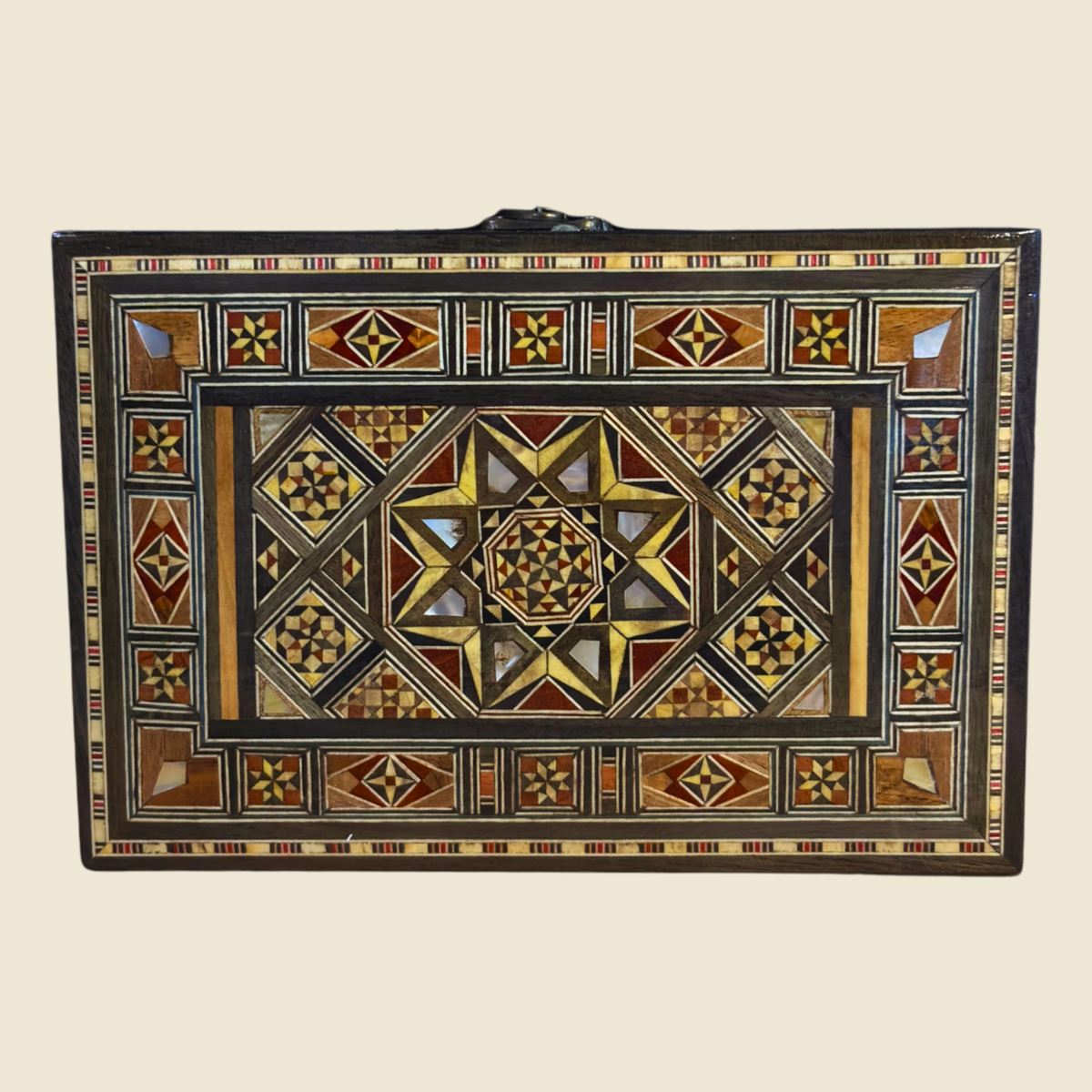 Layla Damascene Clutch with mother-of-pearl inlaid wood mosaic, shown from the front
