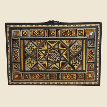 Layla Damascene Clutch with mother-of-pearl inlaid wood mosaic, shown from the front