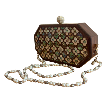 Jouri – Clutch Damascena di Lusso con Madreperla Floreale & Catena di Perle