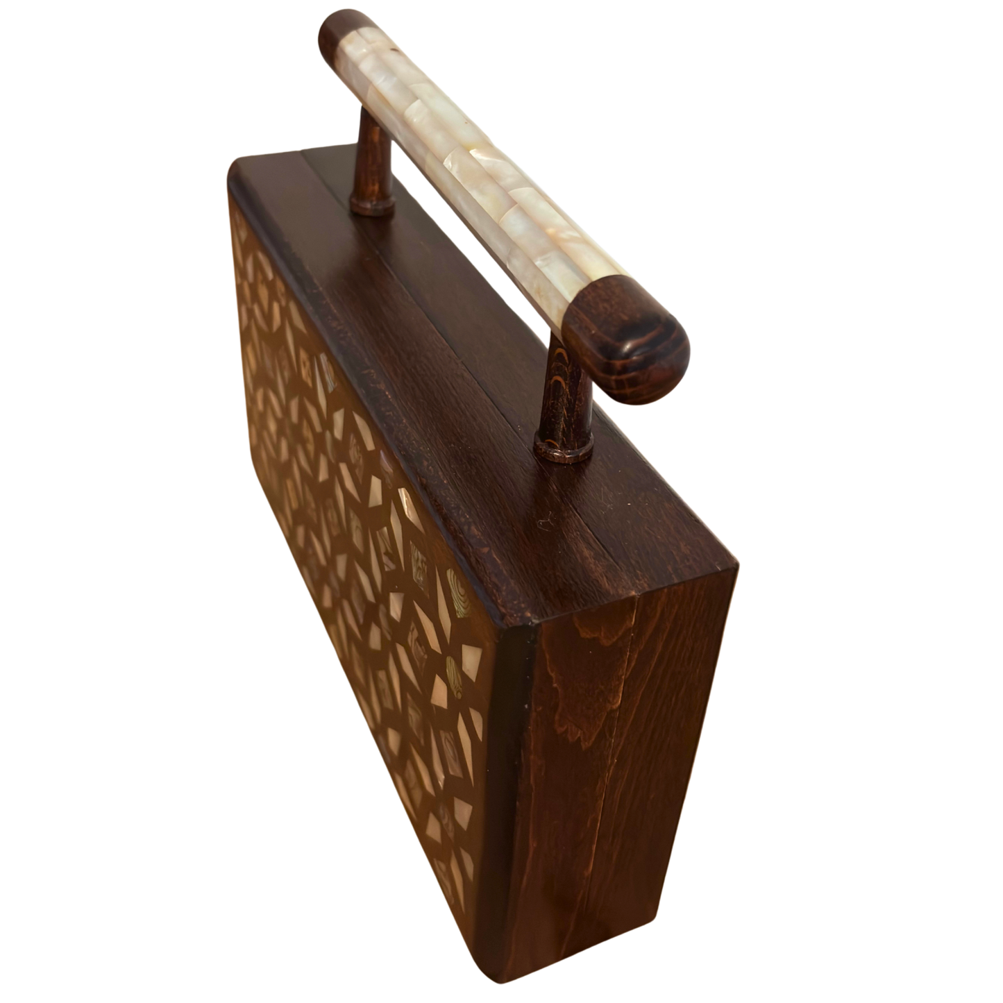 Zenobia – Clutch Damascena di Lusso in Noce con Intarsi in Madreperla e Interno in Broccato