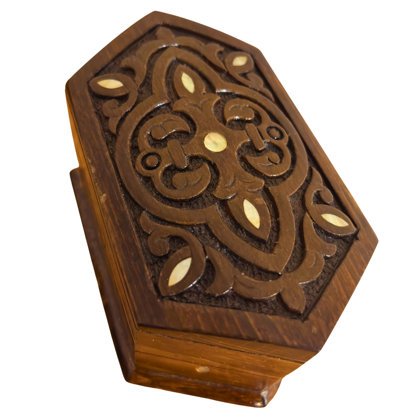 Scatola in Faggio Intagliata a Mano – Madreperla e Velluto, Design Orientale Senza Tempo