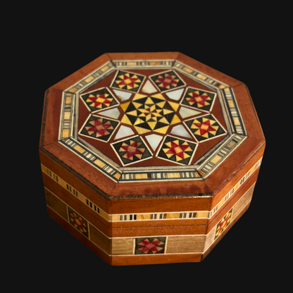 Damascene Mosaic Jewelry Box – Handcrafted Wood & Mother of Pearl Inlay in Warm Rustic Terracotta