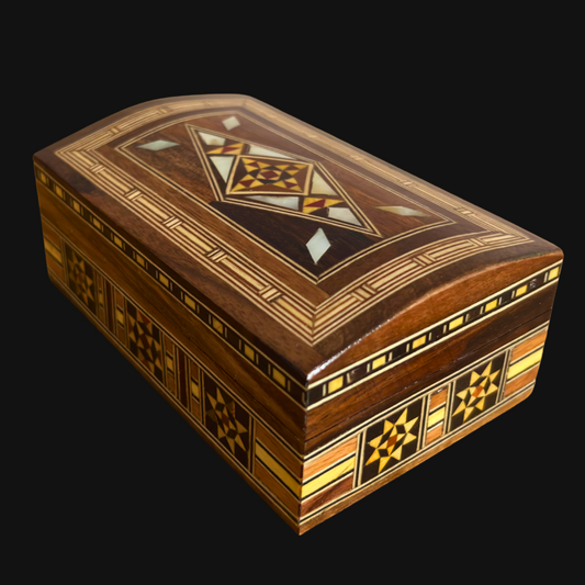 Handcrafted Damascene Jewelry Box – Luxury Wood Design with Mother of Pearl Inlay