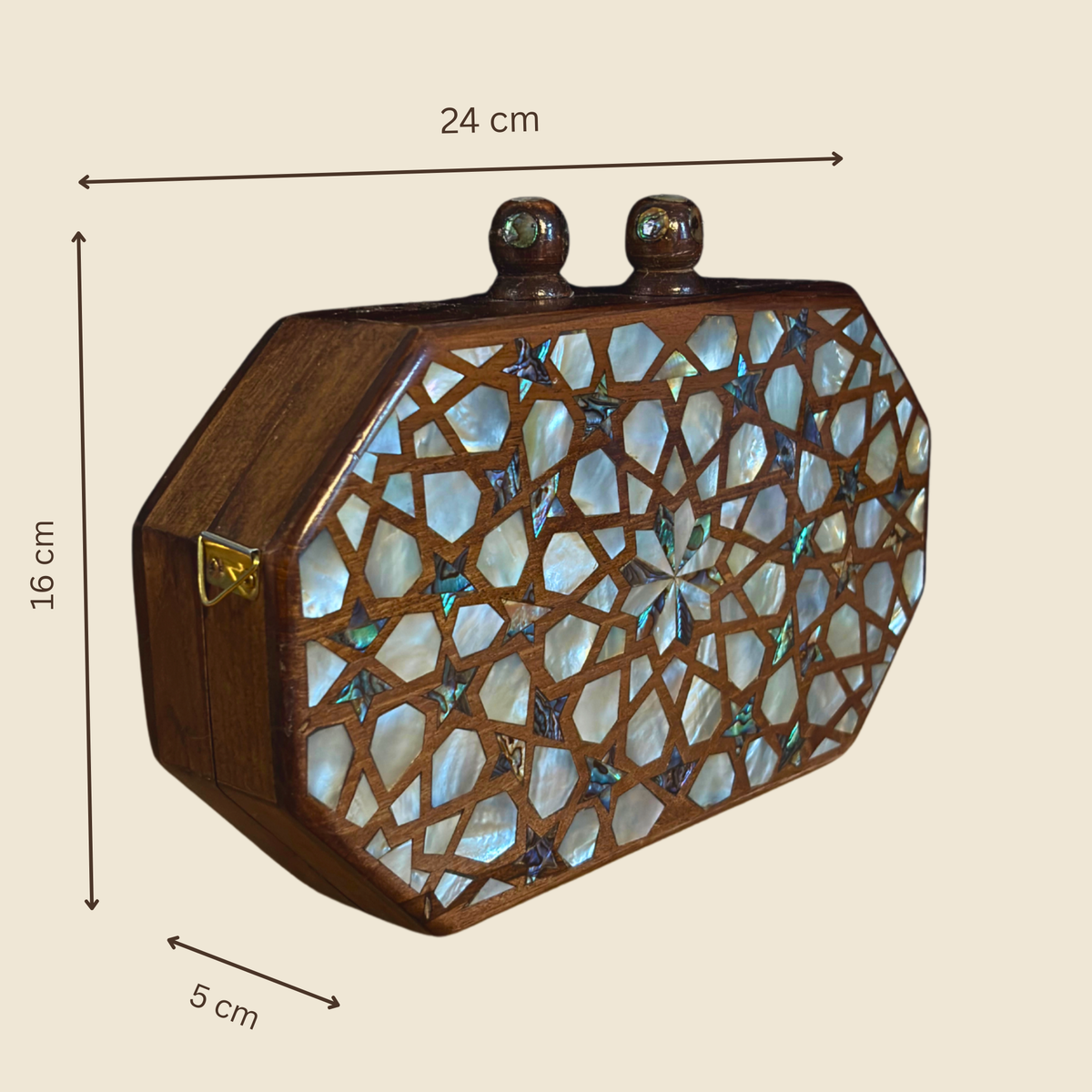 Dimensions diagram of the Najmeh Walnut Clutch, 24 x 16 x 5 cm