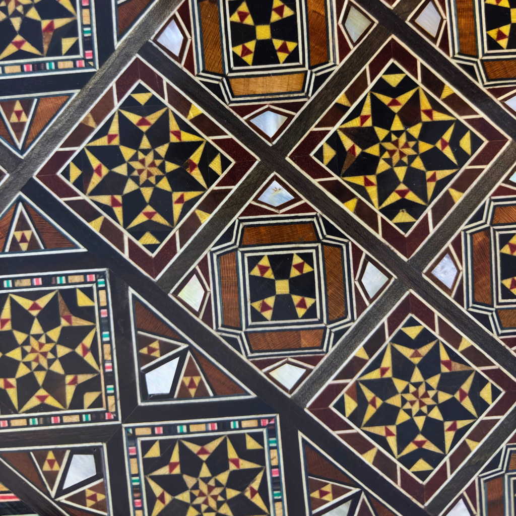 Close-up of the mosaic squares on the chess board side of the Dynastic Chess & Backgammon Set