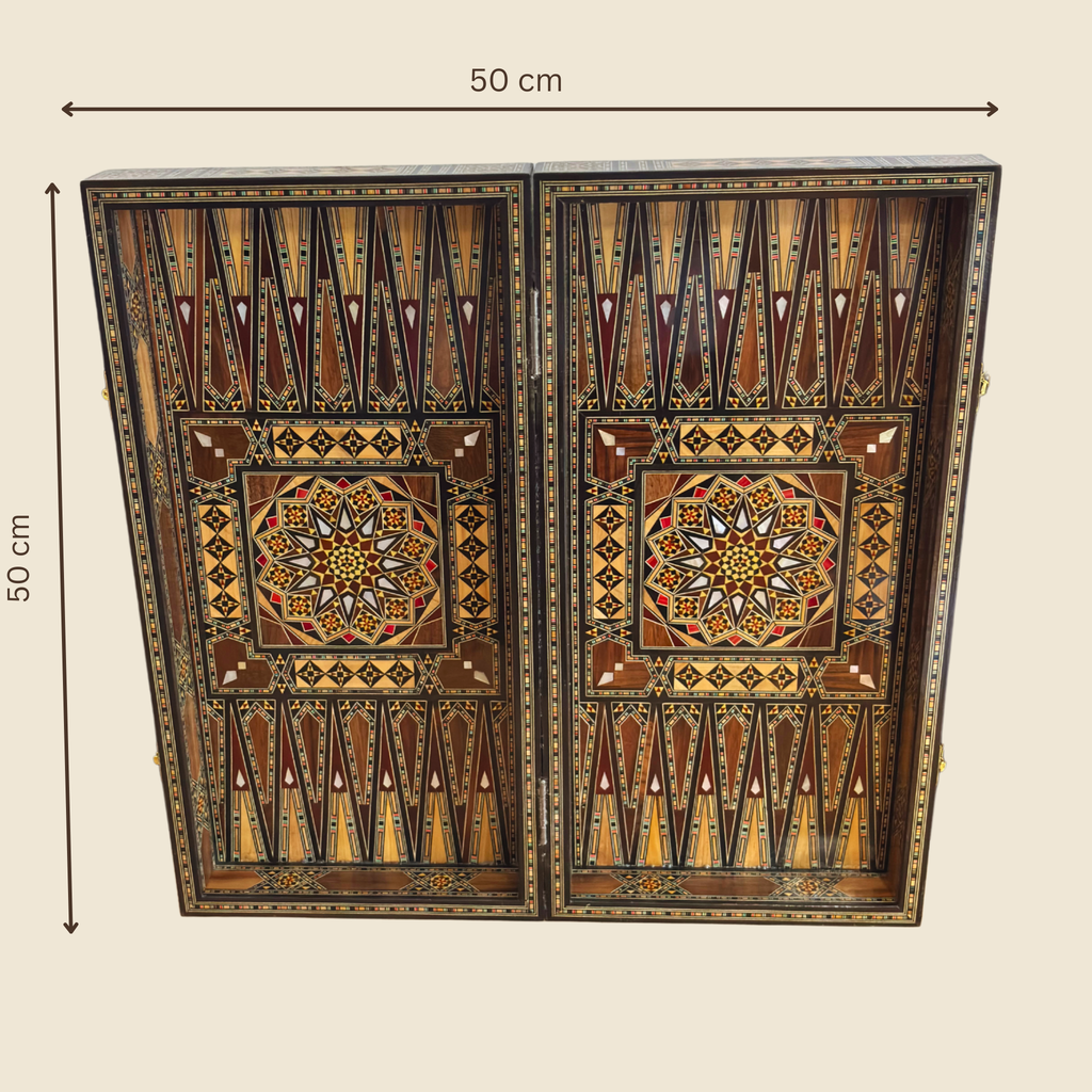 Dynastic Chess & Backgammon Set open, dimensions 50 by 50 cm