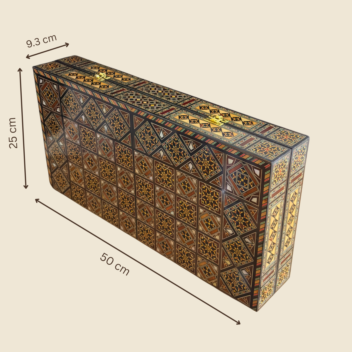 Dimensions diagram of the Dynastic Chess & Backgammon Set closed, 50 x 25 x 9.3 cm