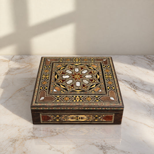 Tranquil Mosaic Box on a white marble table in warm window light