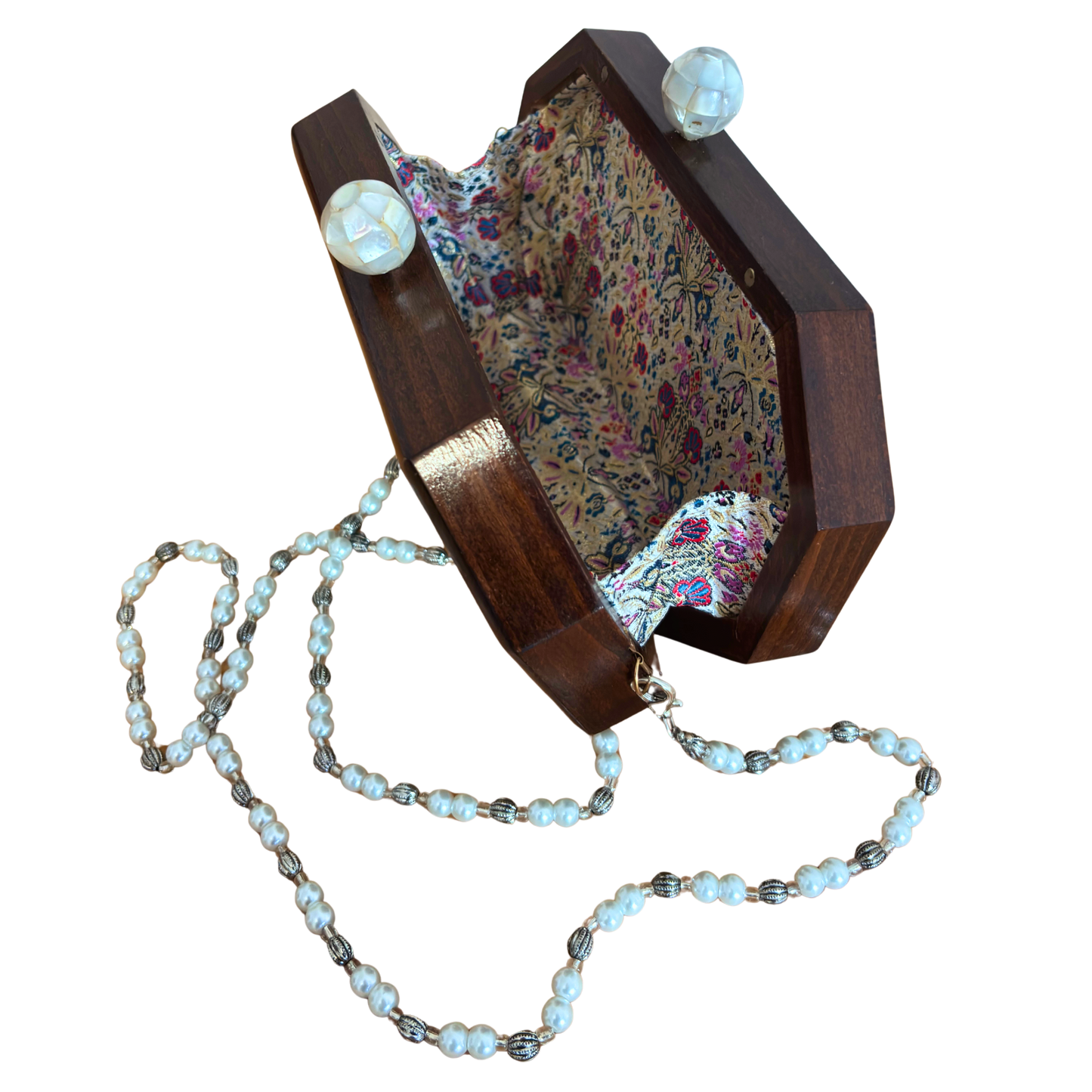 Jouri – Clutch Damascena di Lusso con Madreperla Floreale & Catena di Perle