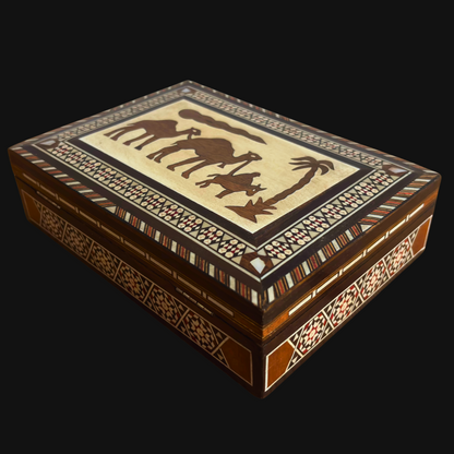 Vintage 1970 Camel Mosaic Jewelry Box – Handcrafted Damascene Art with Mother of Pearl