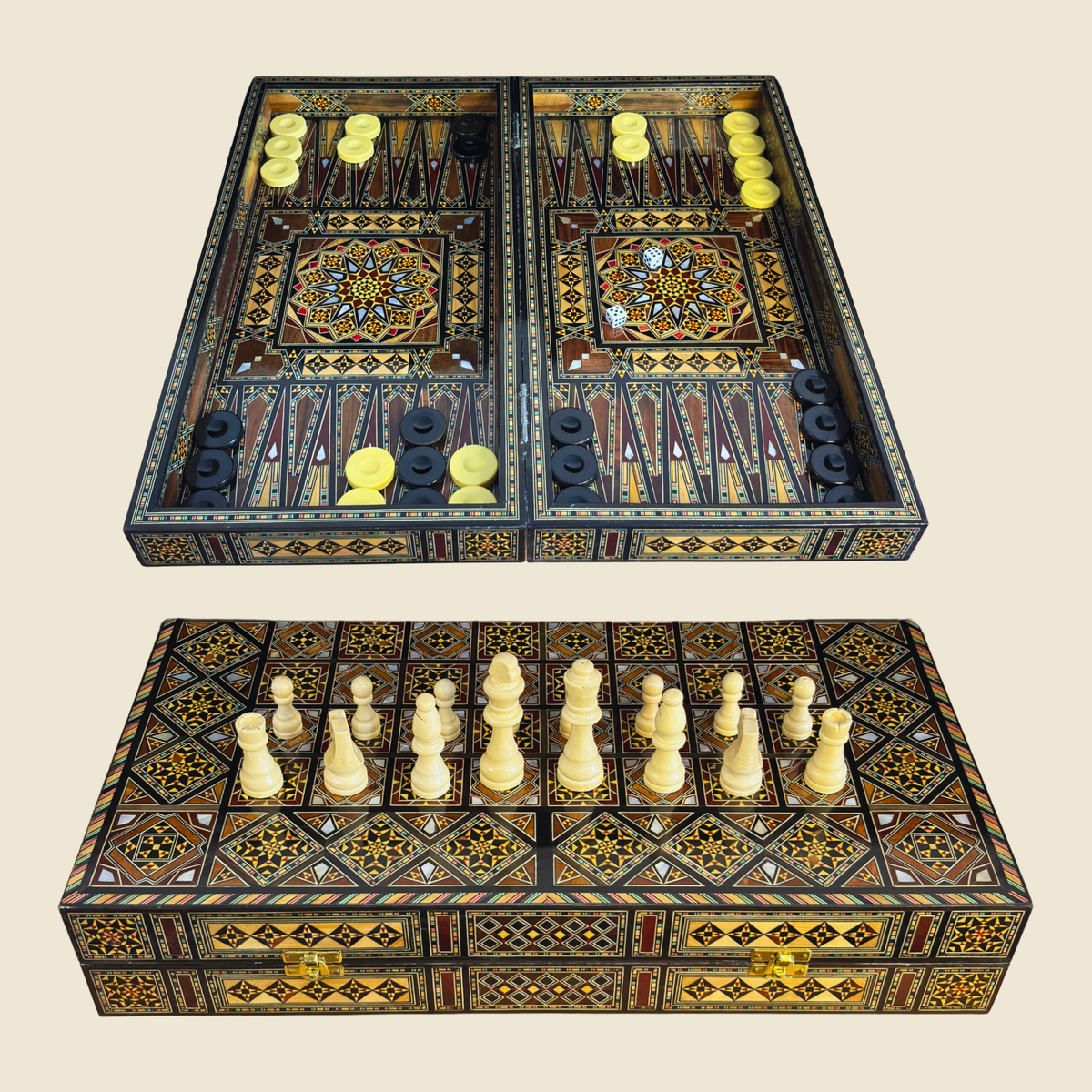 Dynastic Chess & Backgammon Set, closed, with a mosaic lid