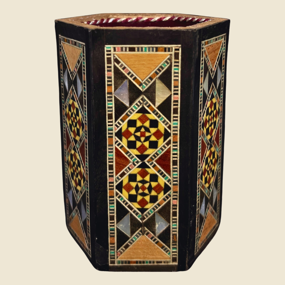 Calligrapher's Pen Holder, front view, with a mosaic exterior and mother-of-pearl inlay
