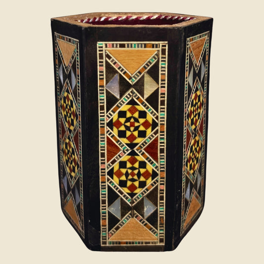Calligrapher's Pen Holder, front view, with a mosaic exterior and mother-of-pearl inlay