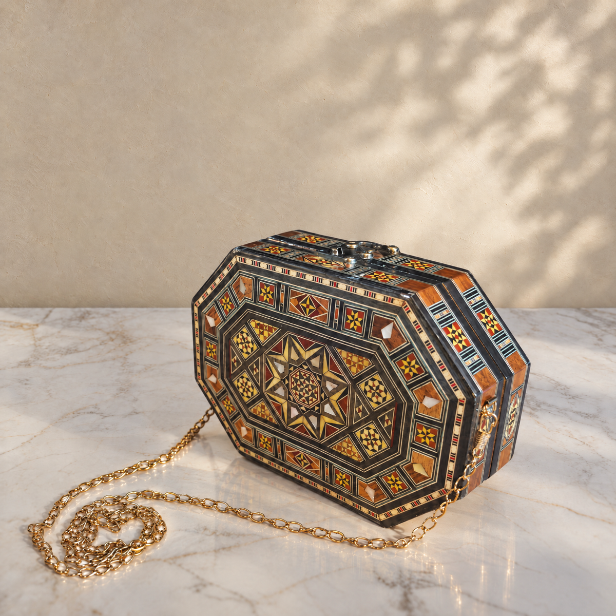 Clutch Damascena Qamar, chiusa, su marmo