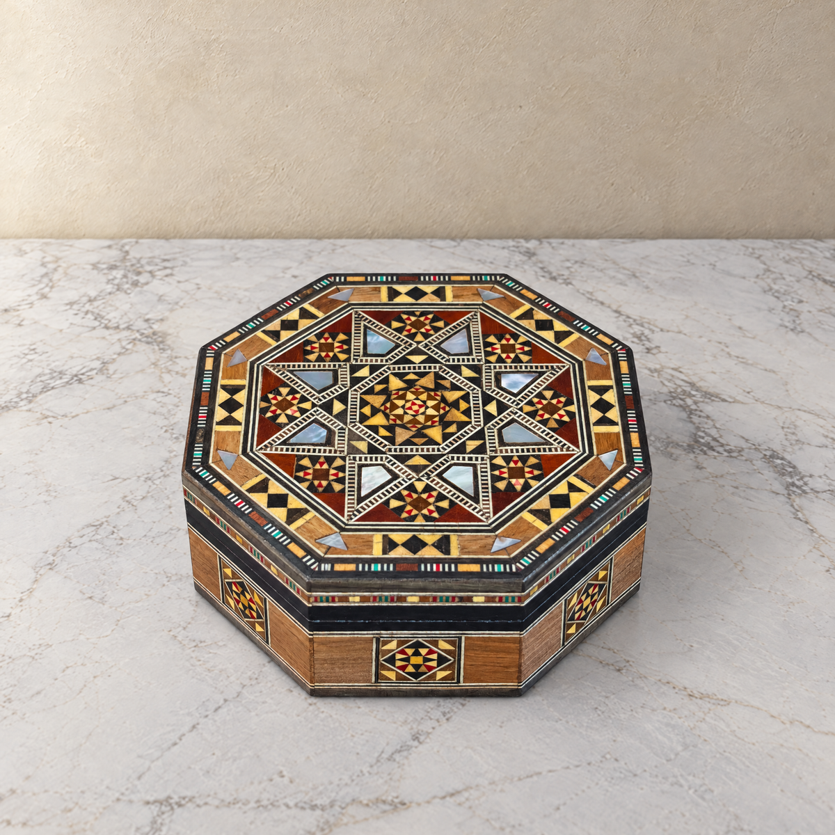 Star Mosaic Box, closed, on marble