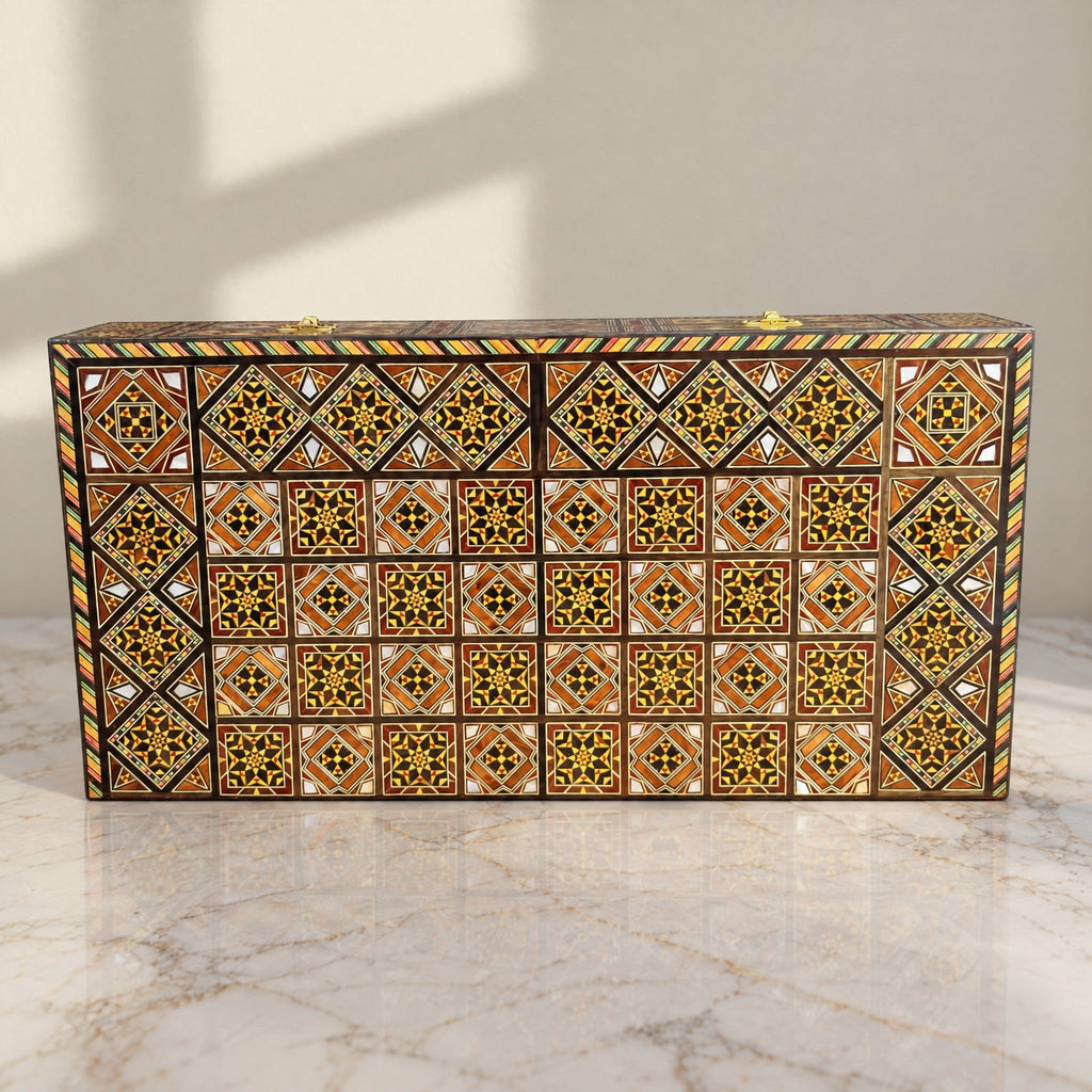 Dynastic Chess & Backgammon Set, closed, on marble