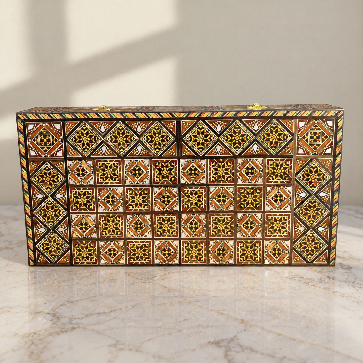 Dynastic Chess & Backgammon Set, closed, on marble