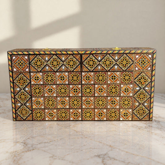 Dynastic Chess & Backgammon Set, closed, on marble