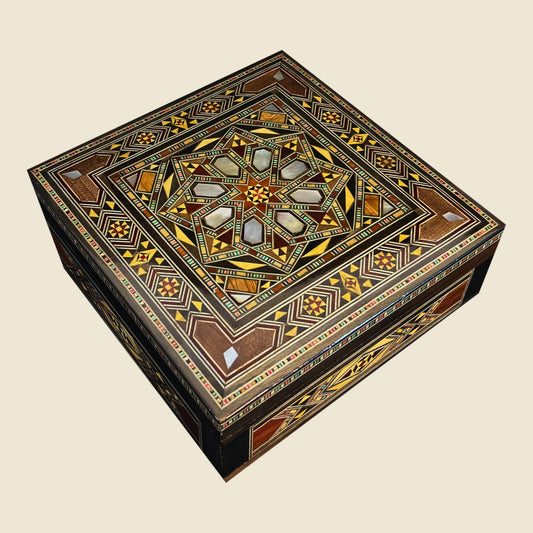 Tranquil Mosaic Box, closed, with a geometric mosaic lid and mother-of-pearl inlay